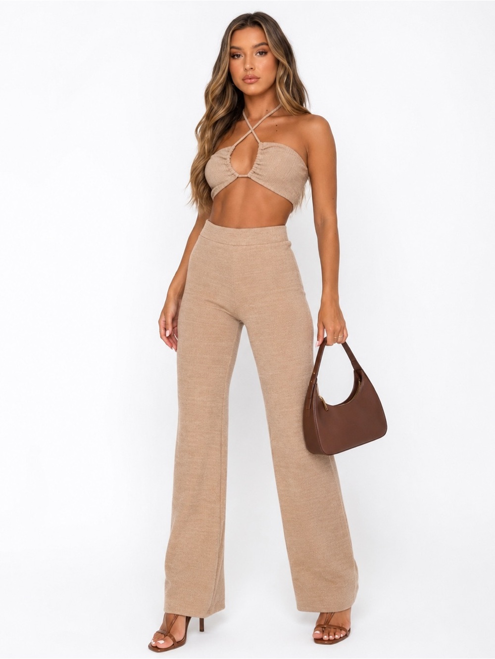 White Fox Boutique Tan Ribbed Halter Crop Top Wide Leg Pants Set S/M